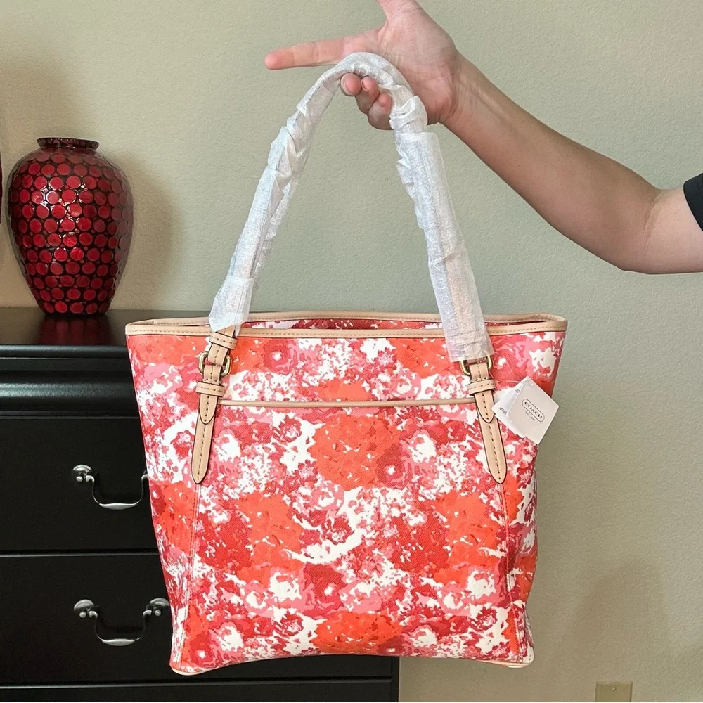 Coach Red and Pink Payton Floral Print Zip Top Tote Bag MSRP $328 - Picture 2 of 16